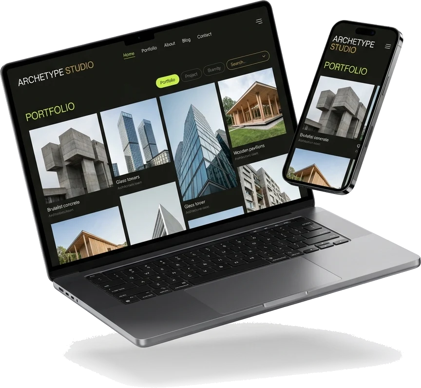 Przykładowy projekt strony pracowni architektonicznej na laptopie i telefonie