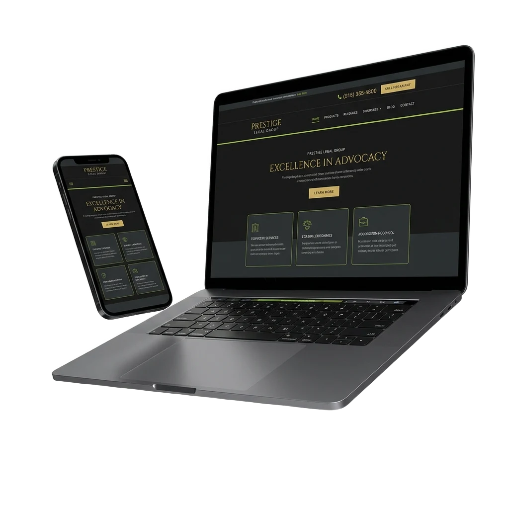Przykładowy projekt strony dla kancelarii na laptopie i telefonie