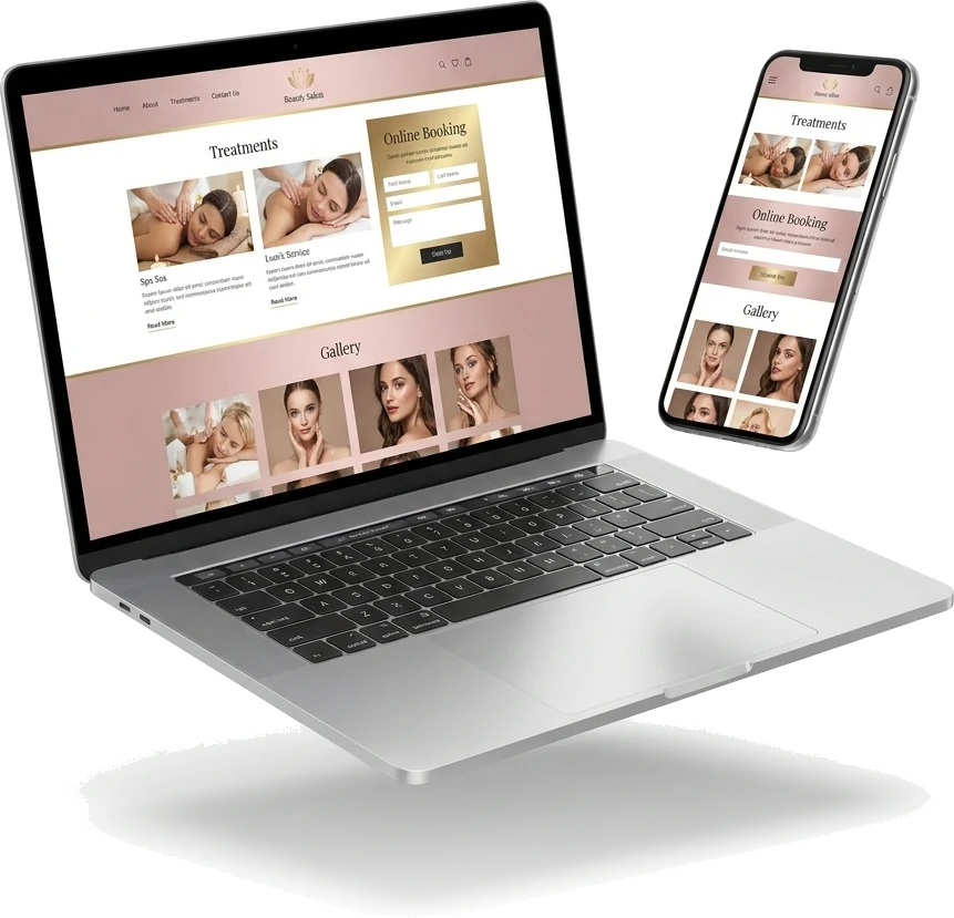 Przykładowy projekt strony salonu kosmetycznego na laptopie i telefonie