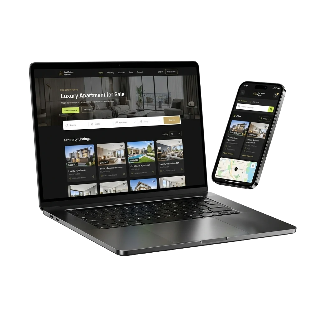 Przykładowy projekt strony biura nieruchomości na laptopie i telefonie
