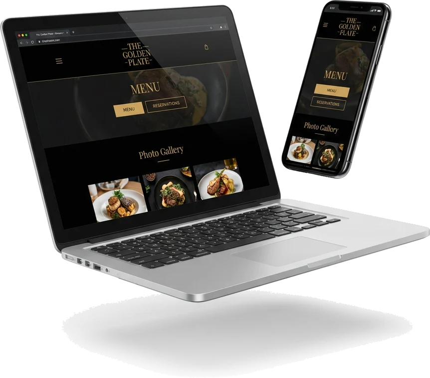Przykładowy projekt strony restauracji na laptopie i telefonie